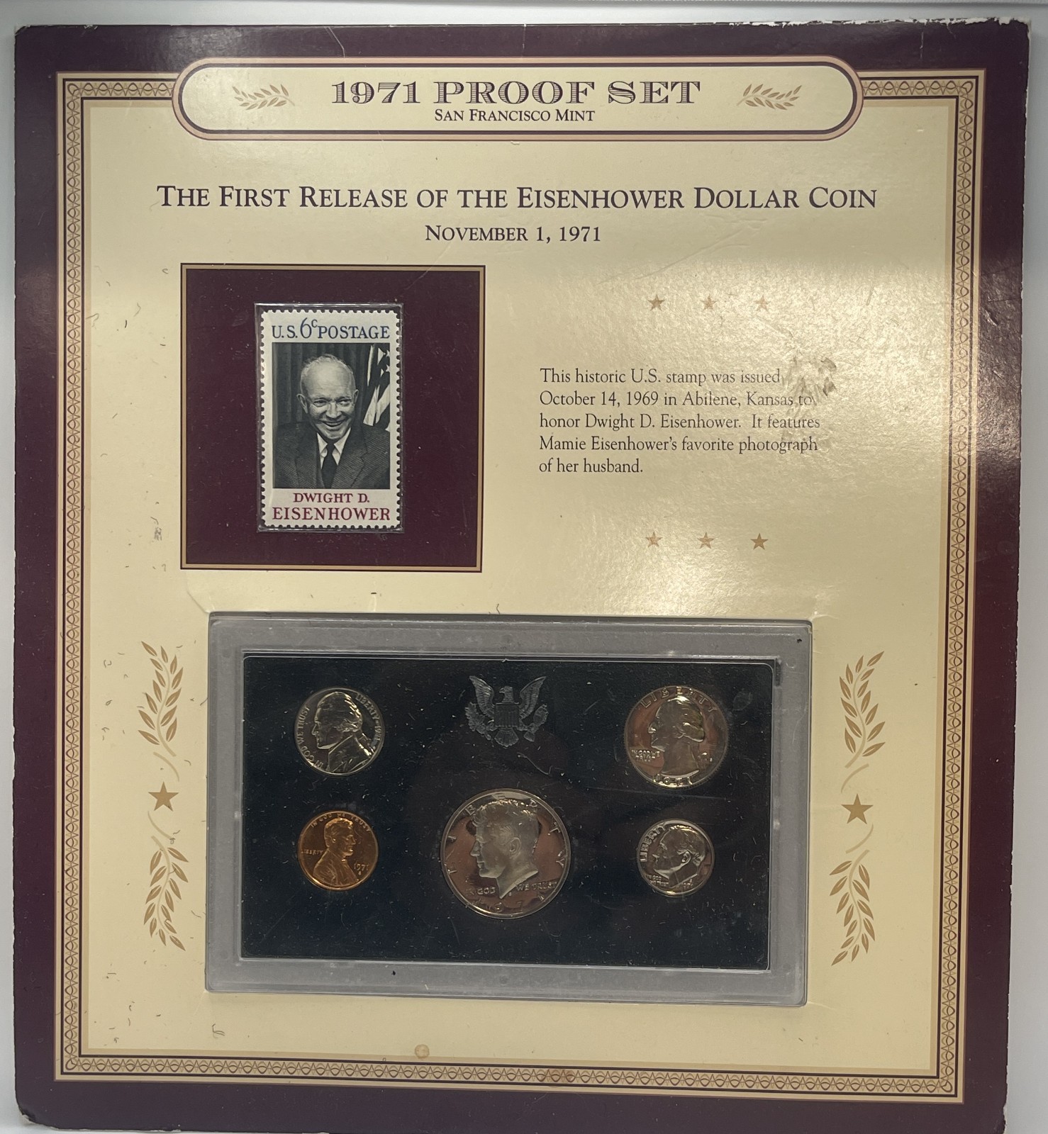1971 Proof Coin Set with Historic U.S. Eisenhower Stamp from Oct 14, 1969