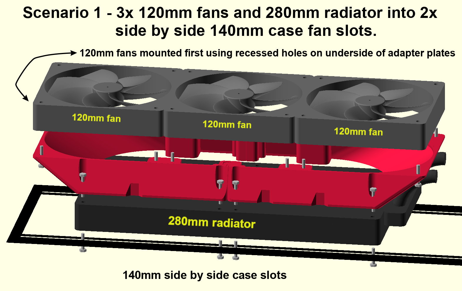 280mm Radiator +3x 120mm Fans to 3x 120mm Fan Slots Mounting Bracket Adapter Mod