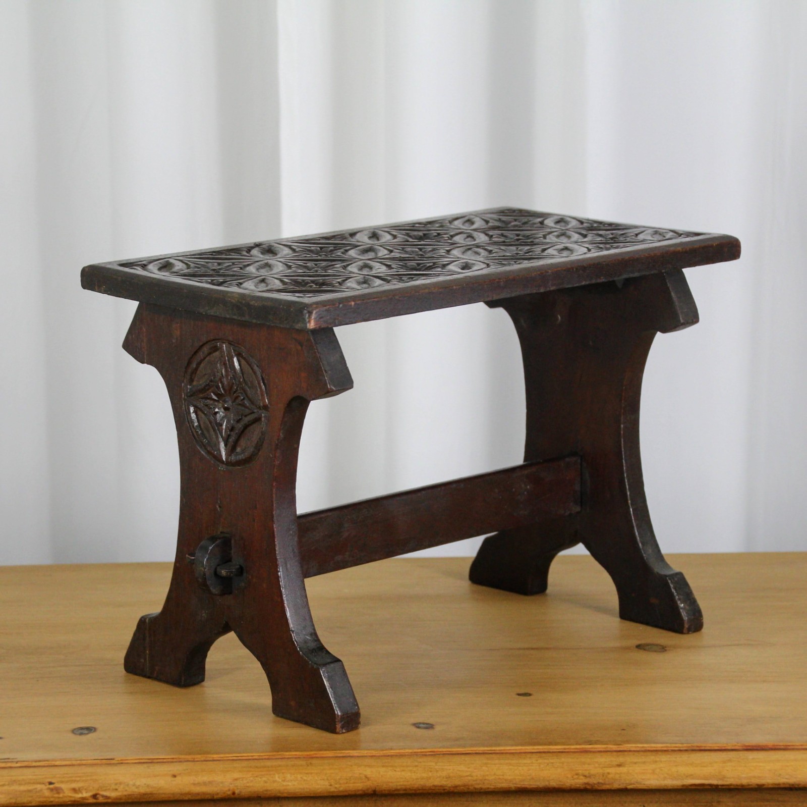Antique late 19th century carved mahogany church stool, arts and crafts, gothic