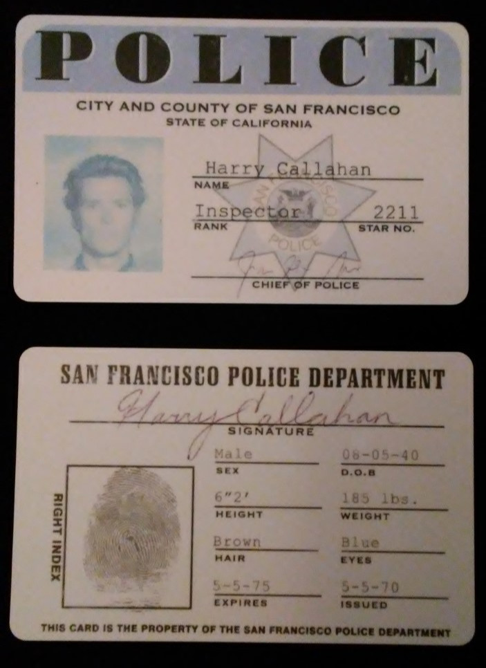 'Dirty Harry' Inspector 2211 S.F. Accurate Prop Replica ID Card MATTE FINISH
