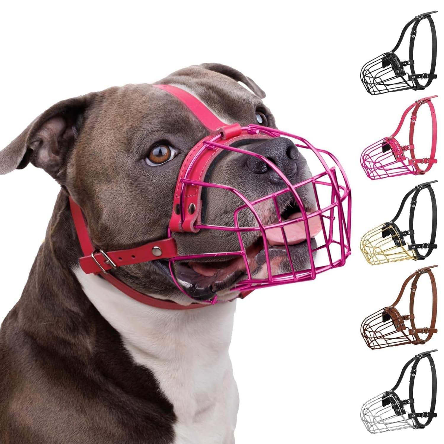 BRONZEDOG Pitbull Dog Muzzle Metal Mask Amstaff Large, Leather, Pink