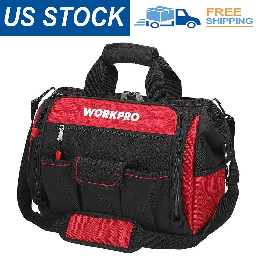 WORKPRO 16" Wide Mouth Tool Bag with Water Proof Rubber Base For Tool Storage