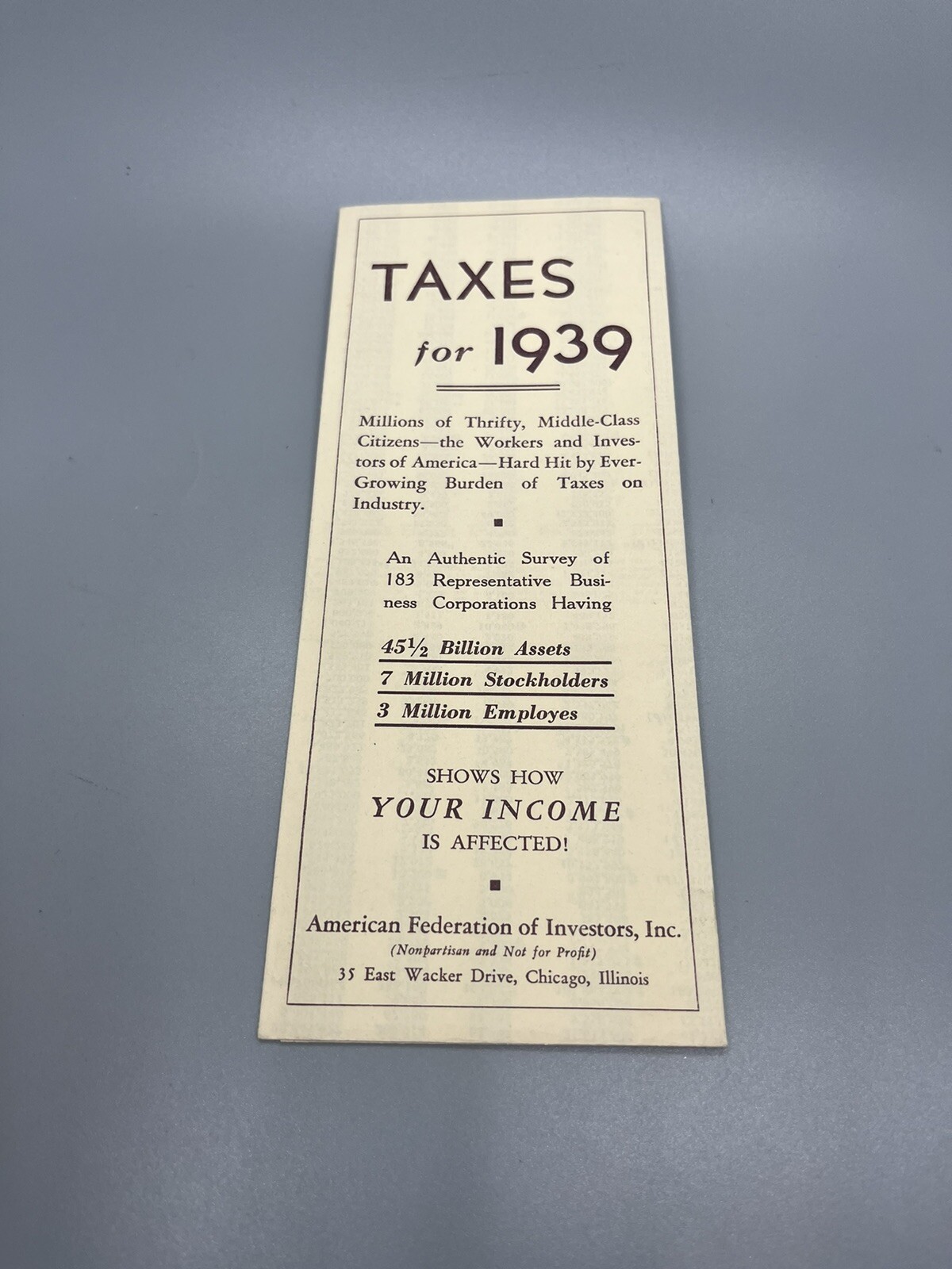 Wendell Willkie Era Pamphlet Taxes In 1939 American Federation Of Investors!