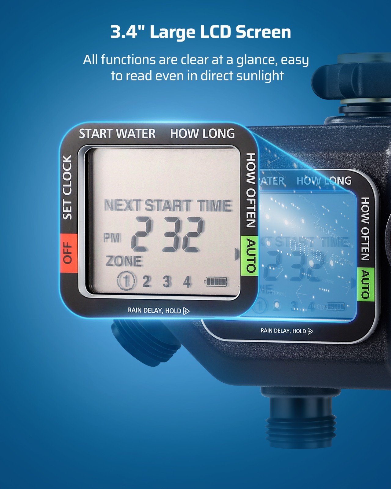 Sprinkler Timer 4 Zone Outdoor, Programmable Water Timer with Rain Delay Manual
