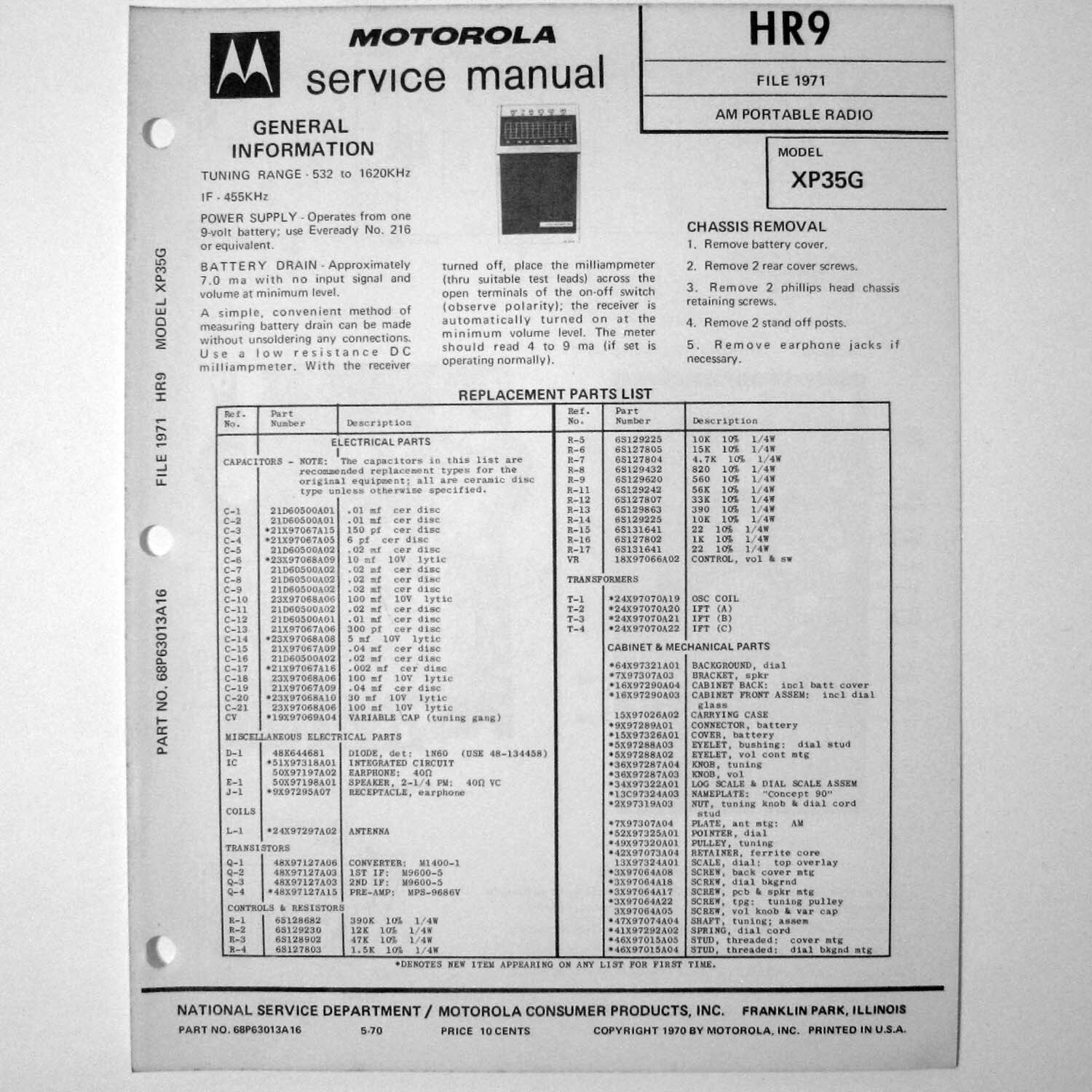 Motorola ® Model XP35G AM Portable Transistor Radio Service Sheet © 1970
