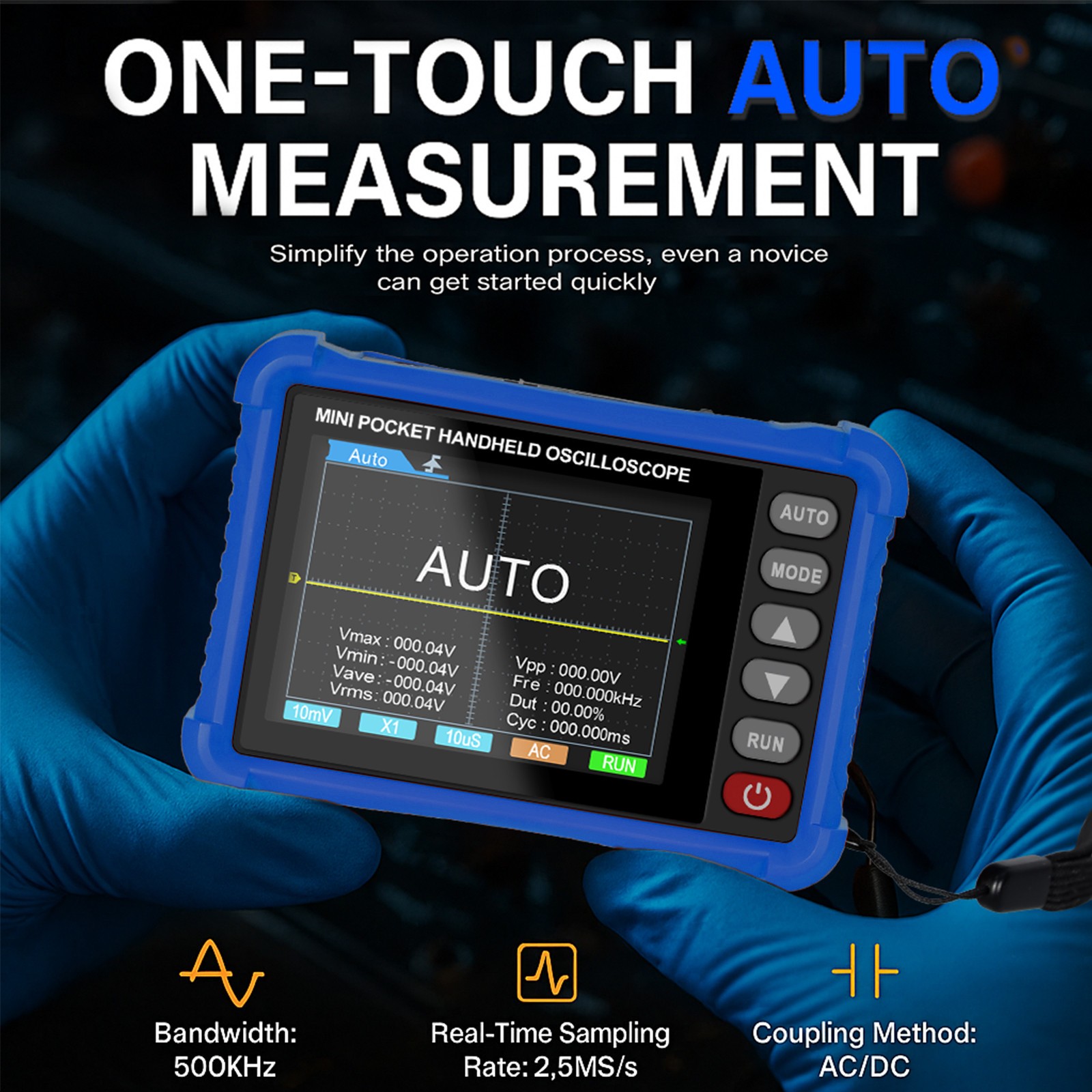 Mini Oscilloscope Handheld - 500kHz Bandwidth, AUTO Set, Perfect for Electronics