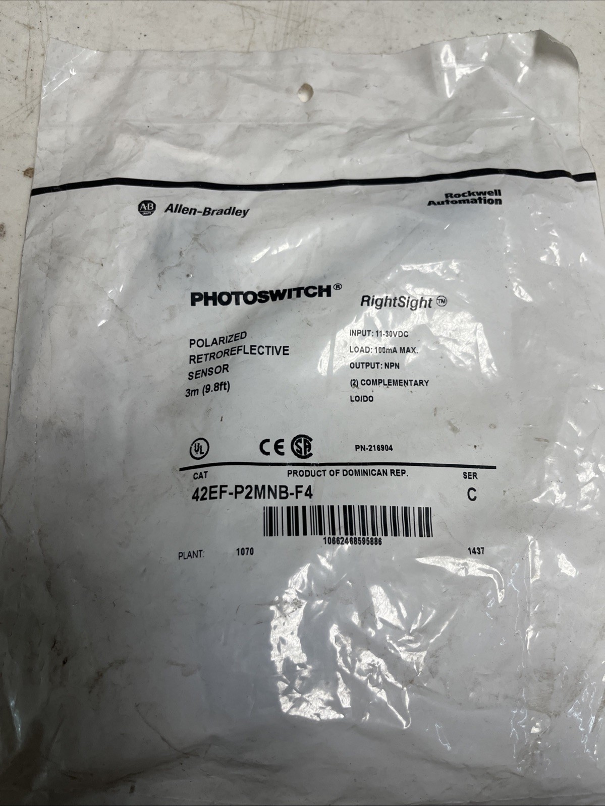 Allen Bradley 42EF-P2MNB-F4 Series C Retroreflective Sensor