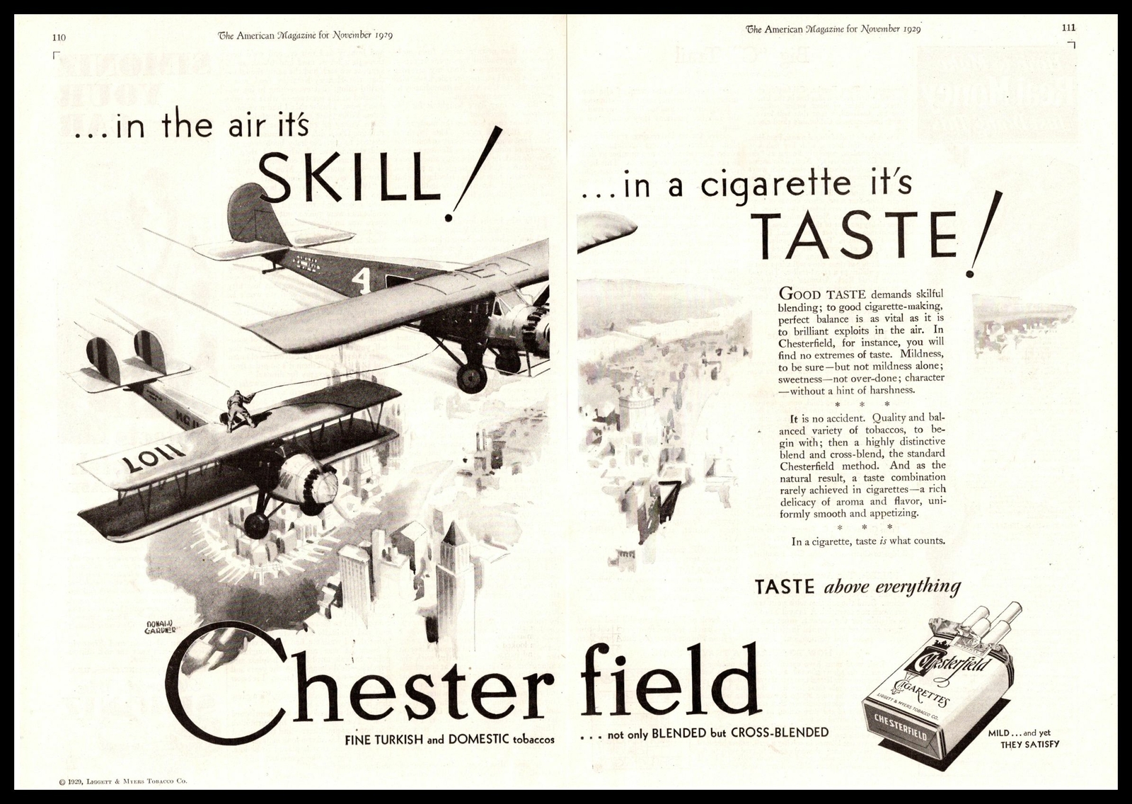 1929 Chesterfield Cigarettes Refueling Airplanes Donald Gardner 2-Page Print Ad