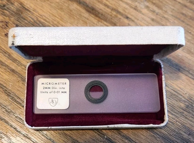 AO Stage Micrometer 2mm Divisions Into Units Of 0.01 mm Metric In Case
