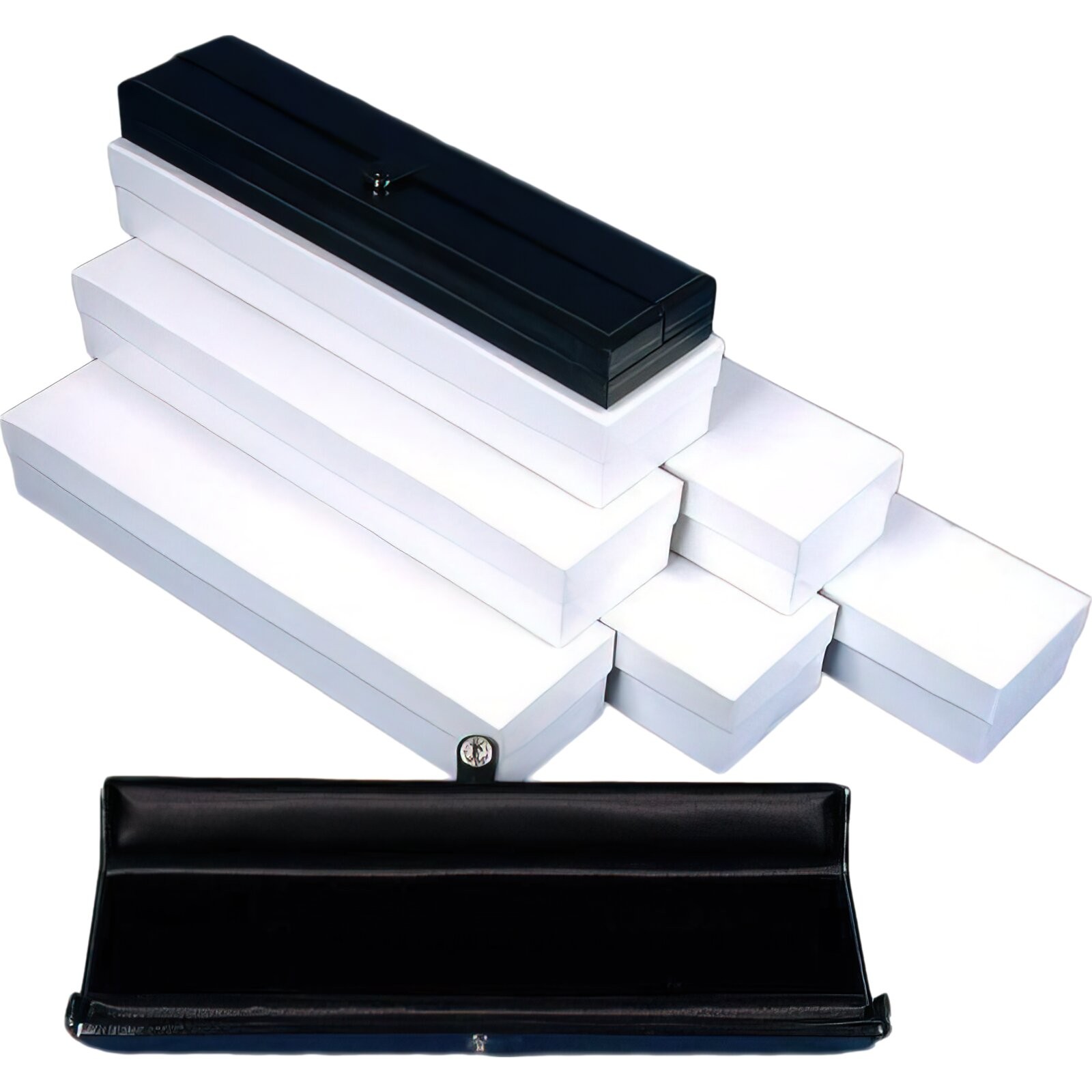 6 Black Leather Bracelet Gift Boxes Display Snap Lid 8 5/8" x 2"