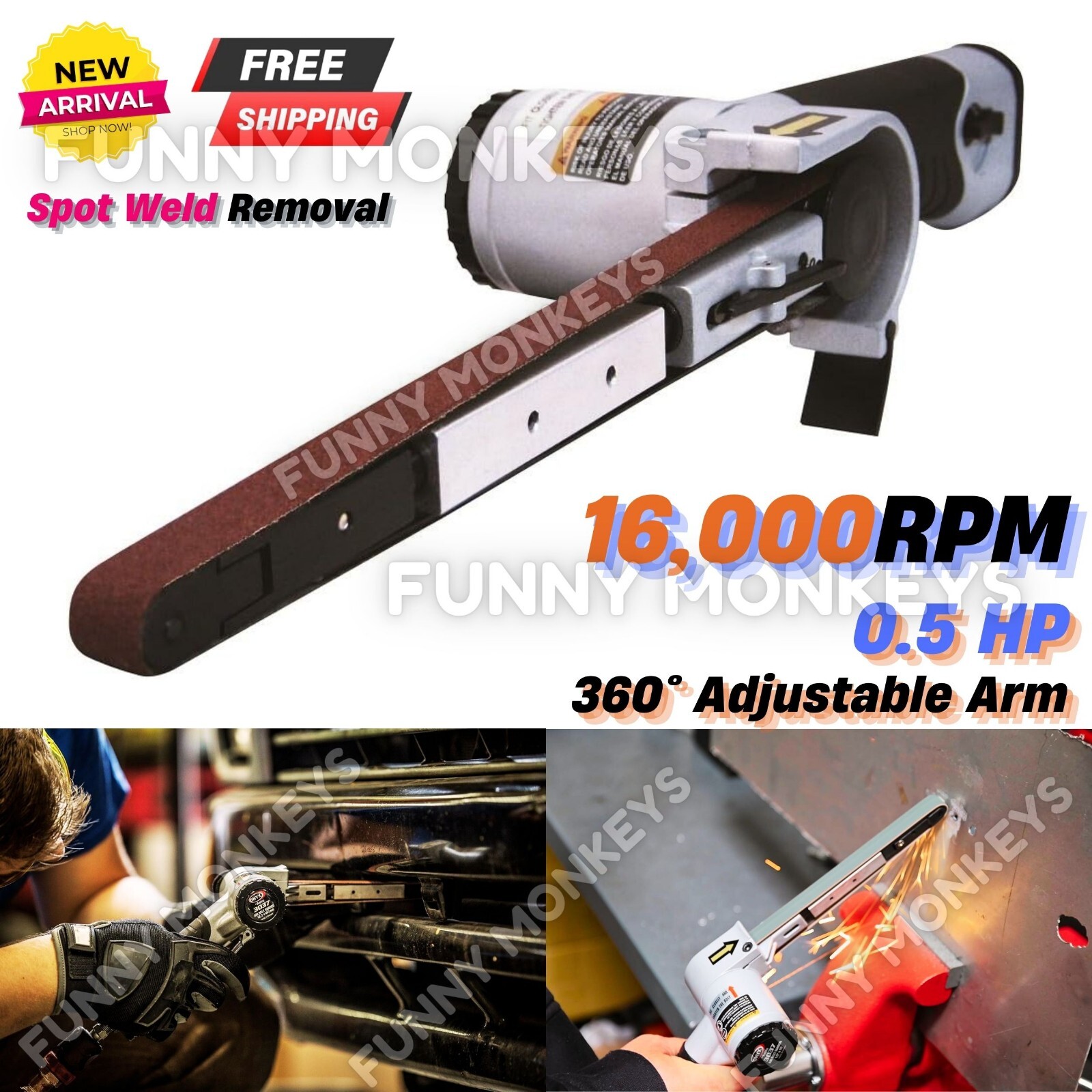 1/2" Air Belt Sander for Grinding Spot Weld Auto Body Detail Work in Tight Place