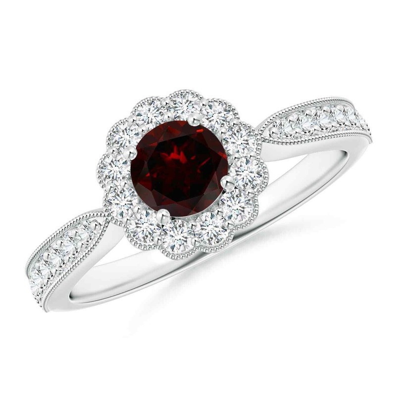 Solitaire 5MM Garnet Gemstone Round 925 Sterling Silver Halo Women Wedding Ring