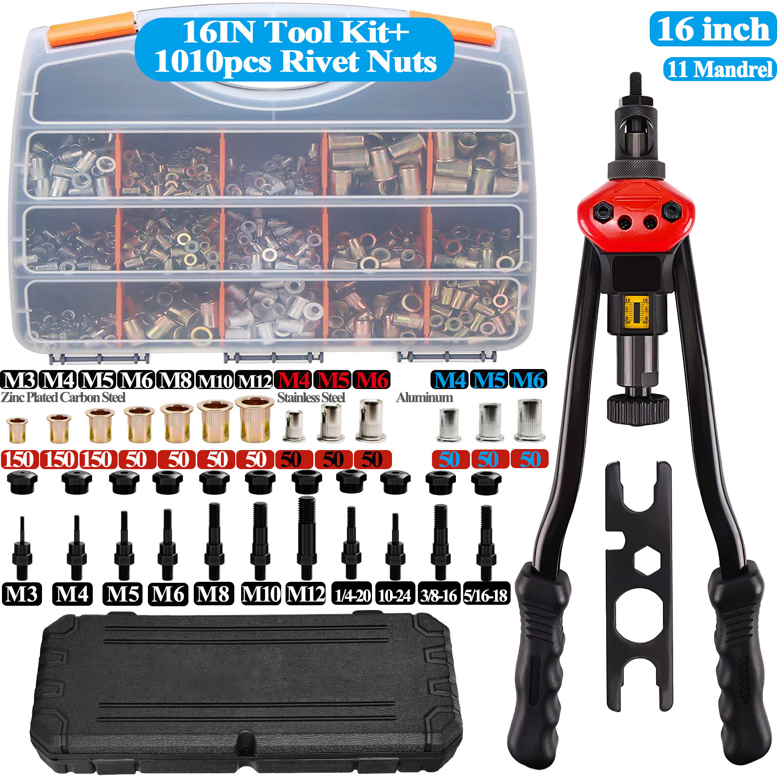 16" Hand Rivet Gun Threaded Insert Riveter Pneumatic Tool Pop Nut Airplane Car