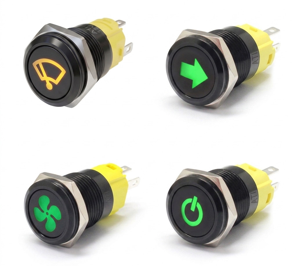 Alpinetech MB16F 16mm Latching LED Pushbutton Switches with Symbol (Black Bezel)