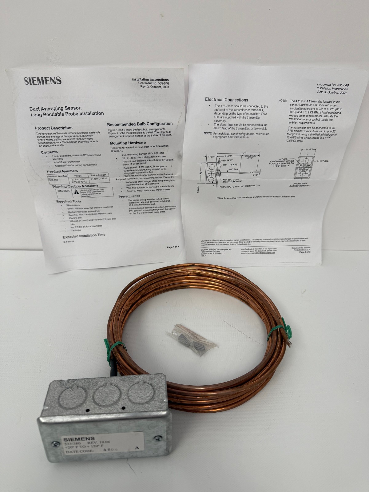SIEMENS 533-380 DUCT AVERAGING TEMP SENSOR +20F TO +120F 24' FLEX PROBE NEW