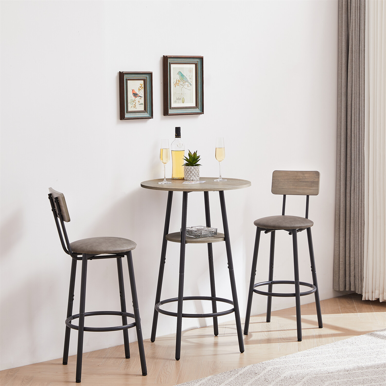 3 Piece Bar Table Set Counter Height Kitchen Pub Table w/ 2 Upholstered Stool
