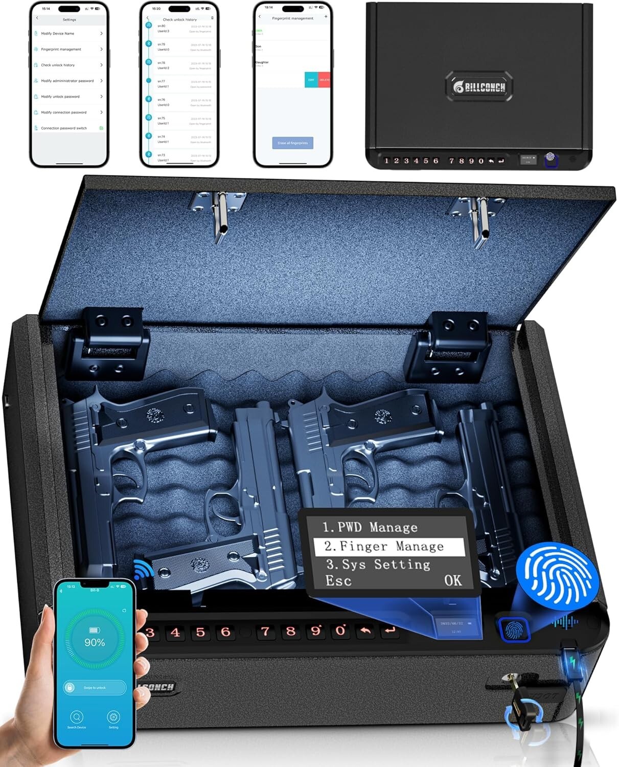 Smart Gun Safe with Security Cable - Biometric Pistol Safe for Handgun 4 Ways