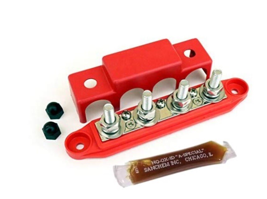 4 Post Busbar 3/8" Studs - 250A 48Vdc - RED bus bar w/ FREE Electrical Grease