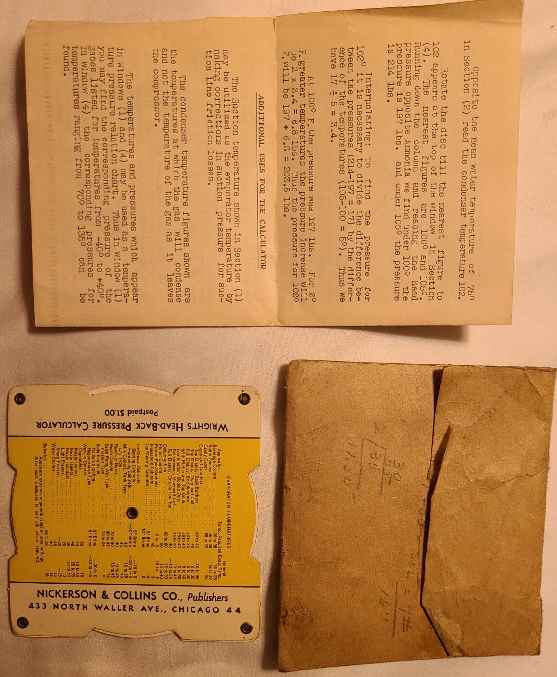 1945 NOS Refrigeration Calculator - WRIGHT'S - Head-Back Pressure