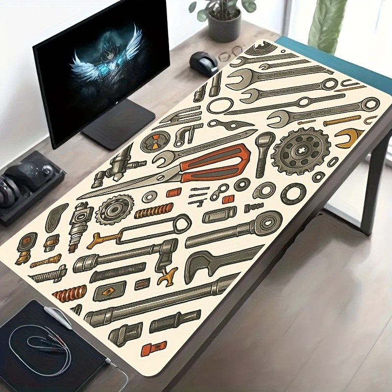 A Large Gaming Mouse Pad Featuring a Retro Mechanical Industrial Art Style Patt