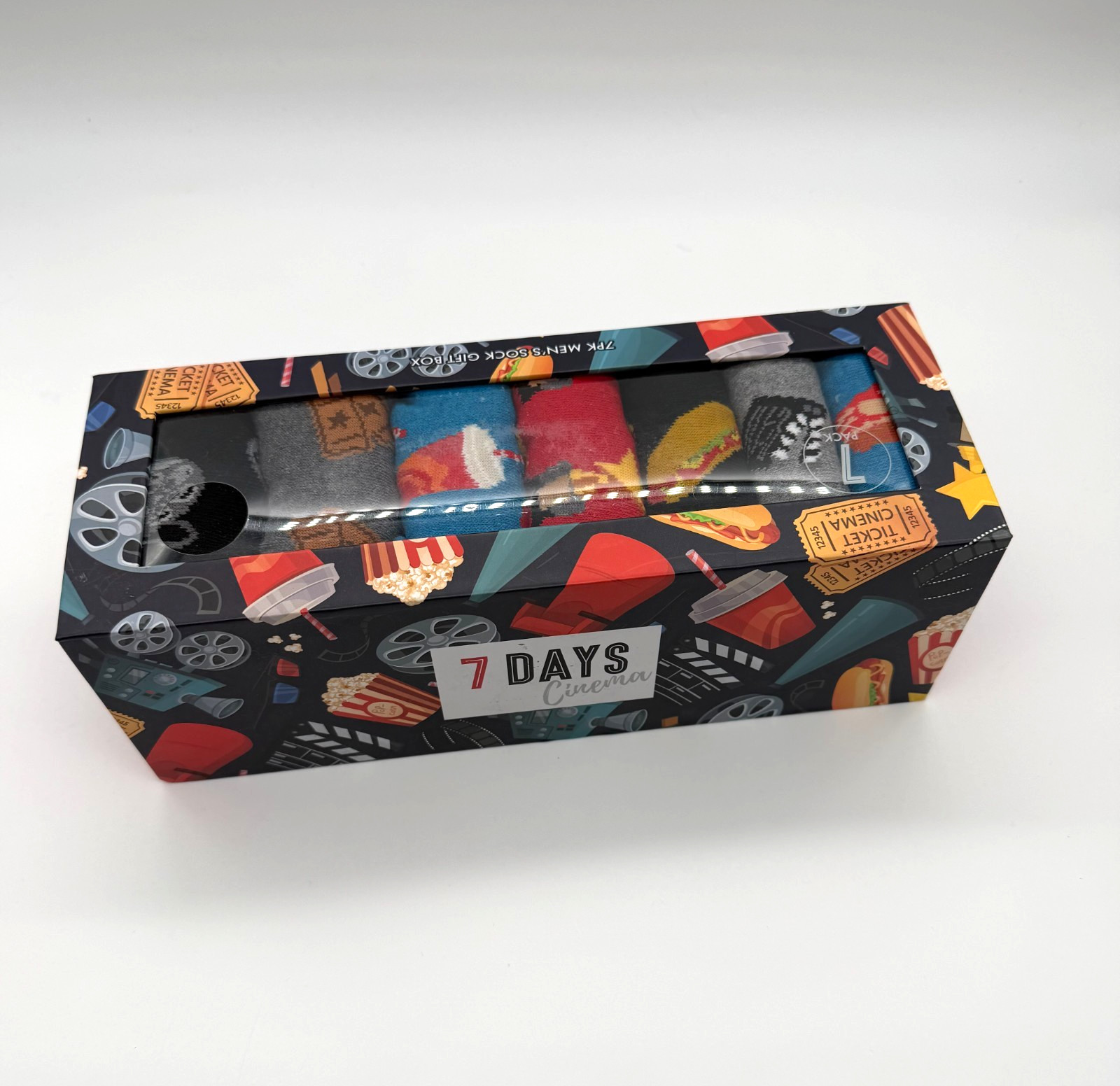 7 Days Cinema Men’s 7 Pack Novelty Movie Food Socks Gift Box Size L