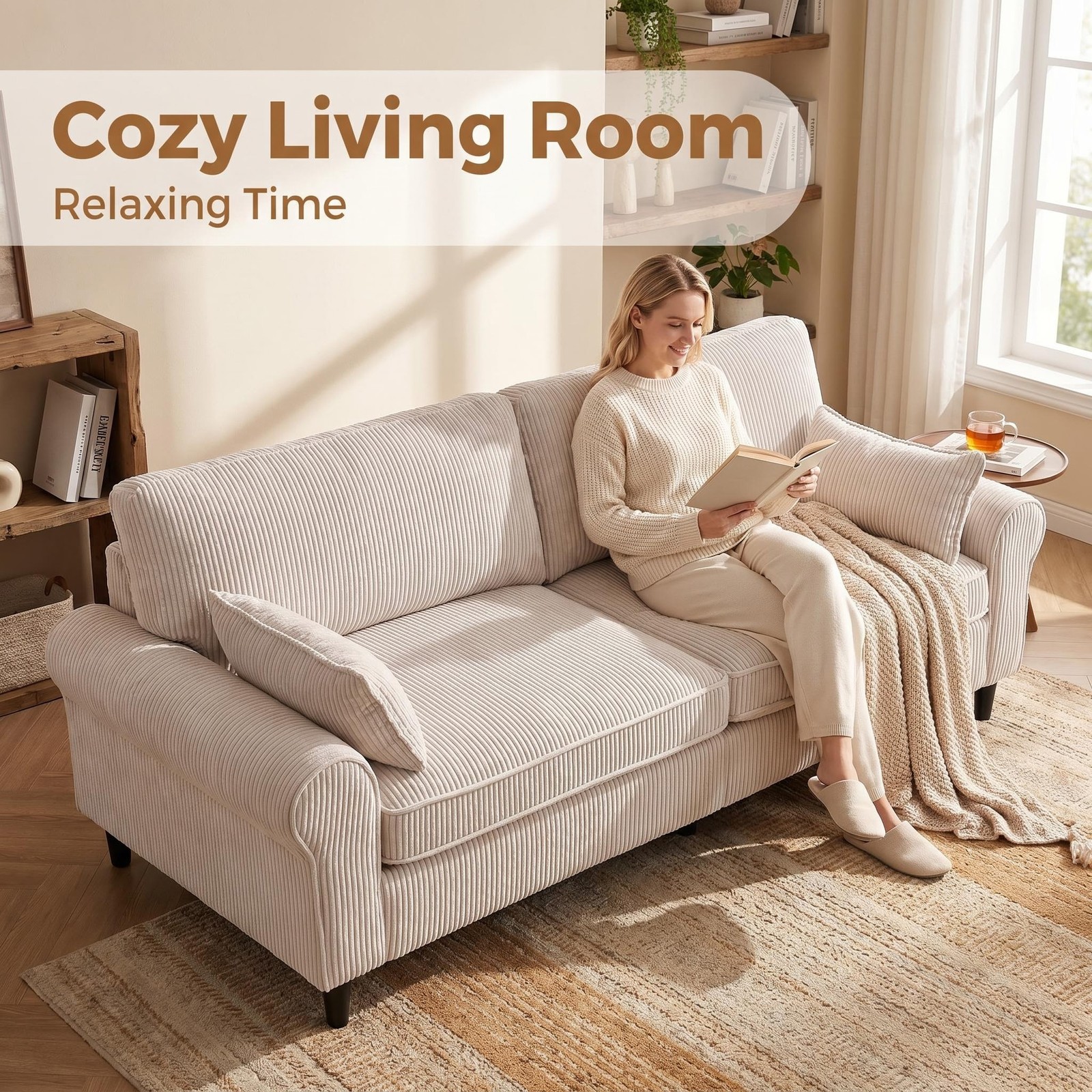 Corduroy Loveseat Sofa 2-Seater Rolled Armrests Iron Wood Frame White