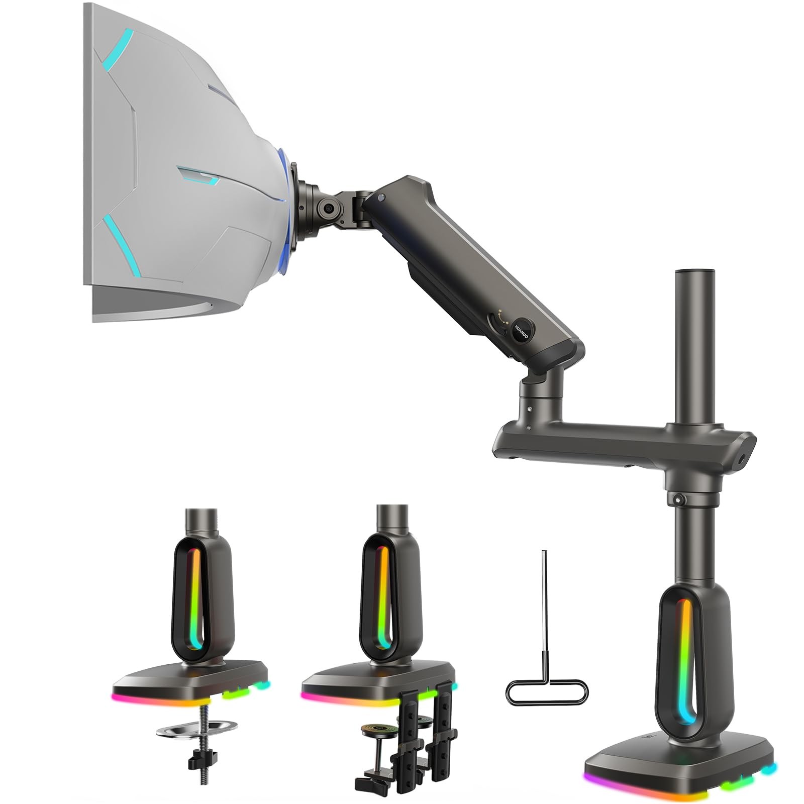 Best HUANUO RGB Heavy Duty Monitor Arm for Ultrawide Screens up to 57" Holds 44