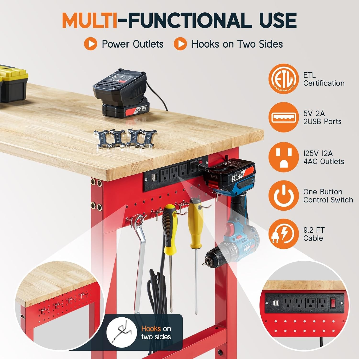 44x20 Adjustable Workbench with Power Outlets 2000 LBs Heavy Duty Work Table