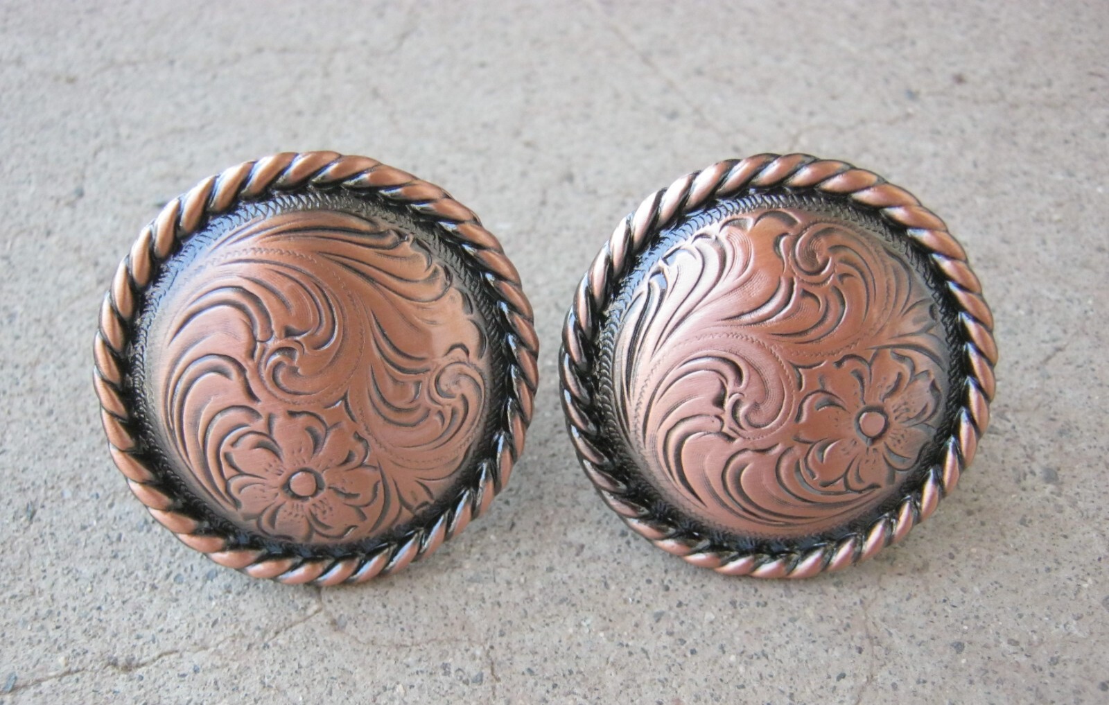 Floral Engraved Rope Edge Copper 1-1/2" Concho Browband Loop Back Rosette PAIR