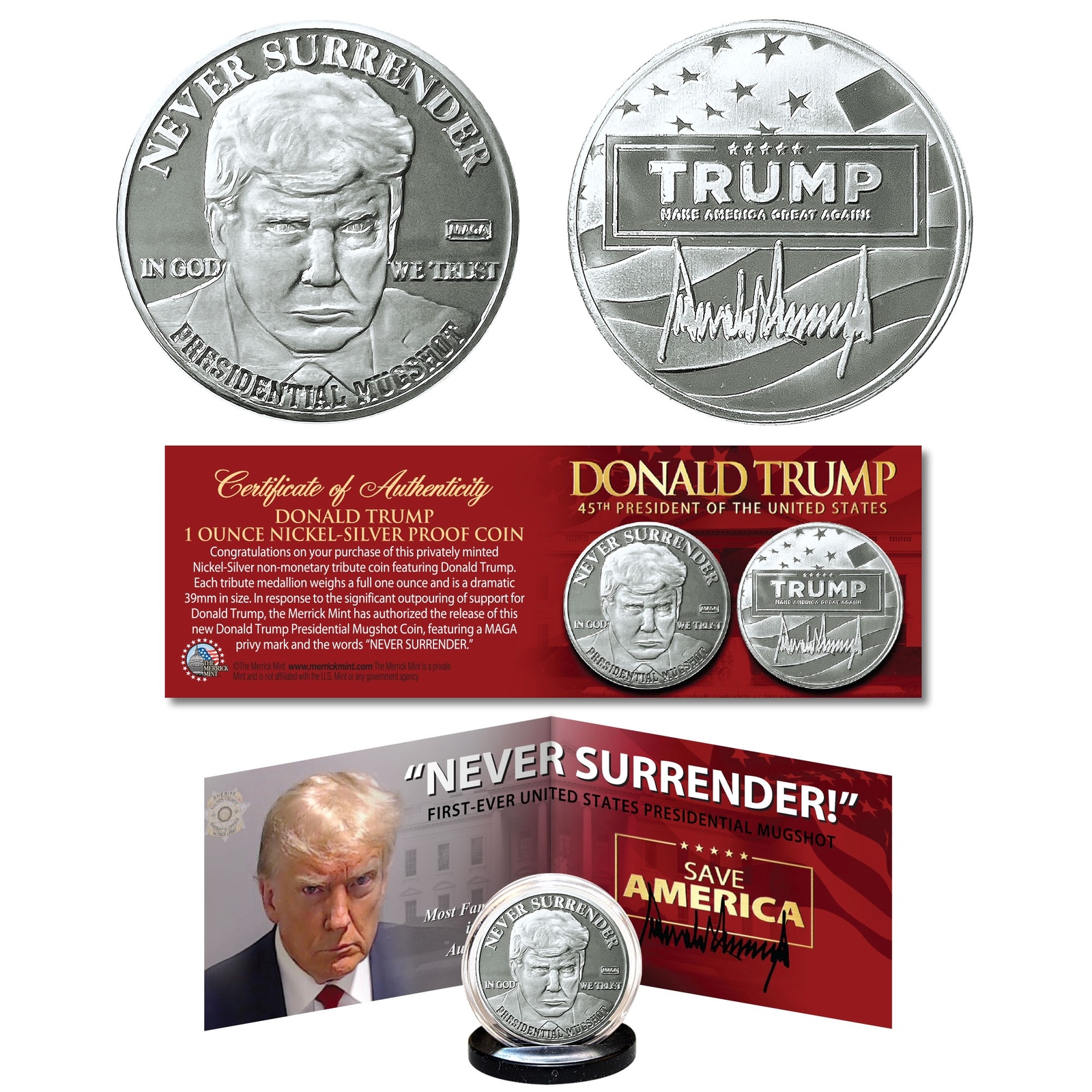 DONALD TRUMP Mugshot Nickel Silver 1 OZ 39mm Coin Panoramic Display COA