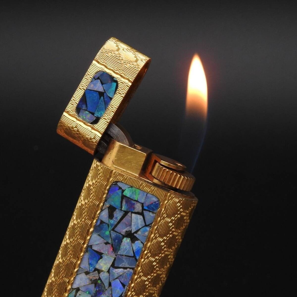 Cartier Mosaic Opal Gas Lighter Gold Rotary Flare Ignition Verified