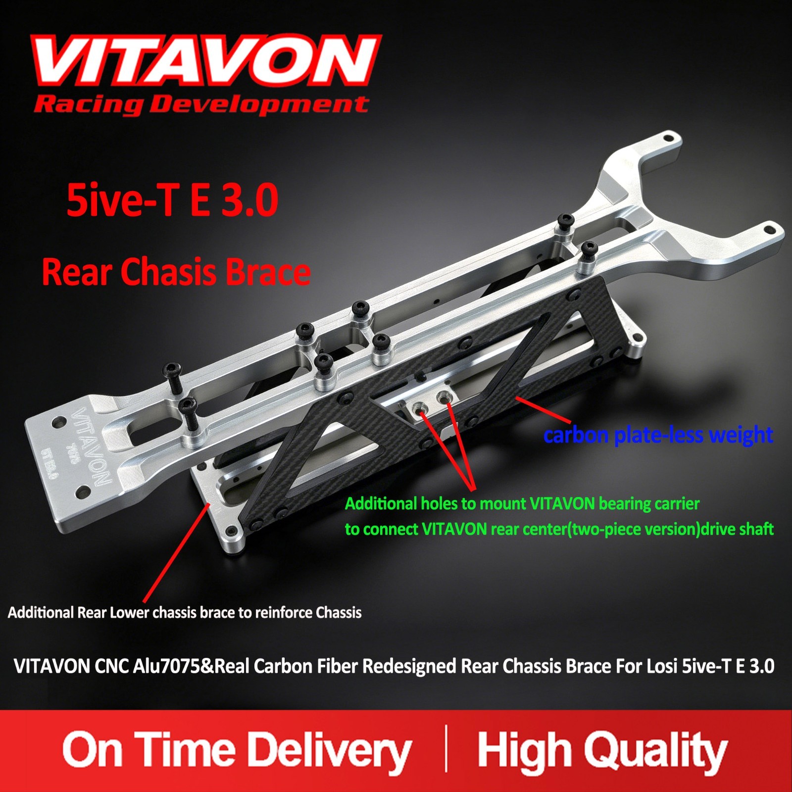 VITAVON CNC Alu7075 Real Carbon Redesigned Rear Chassis Brace For Losi 5T E 3.0