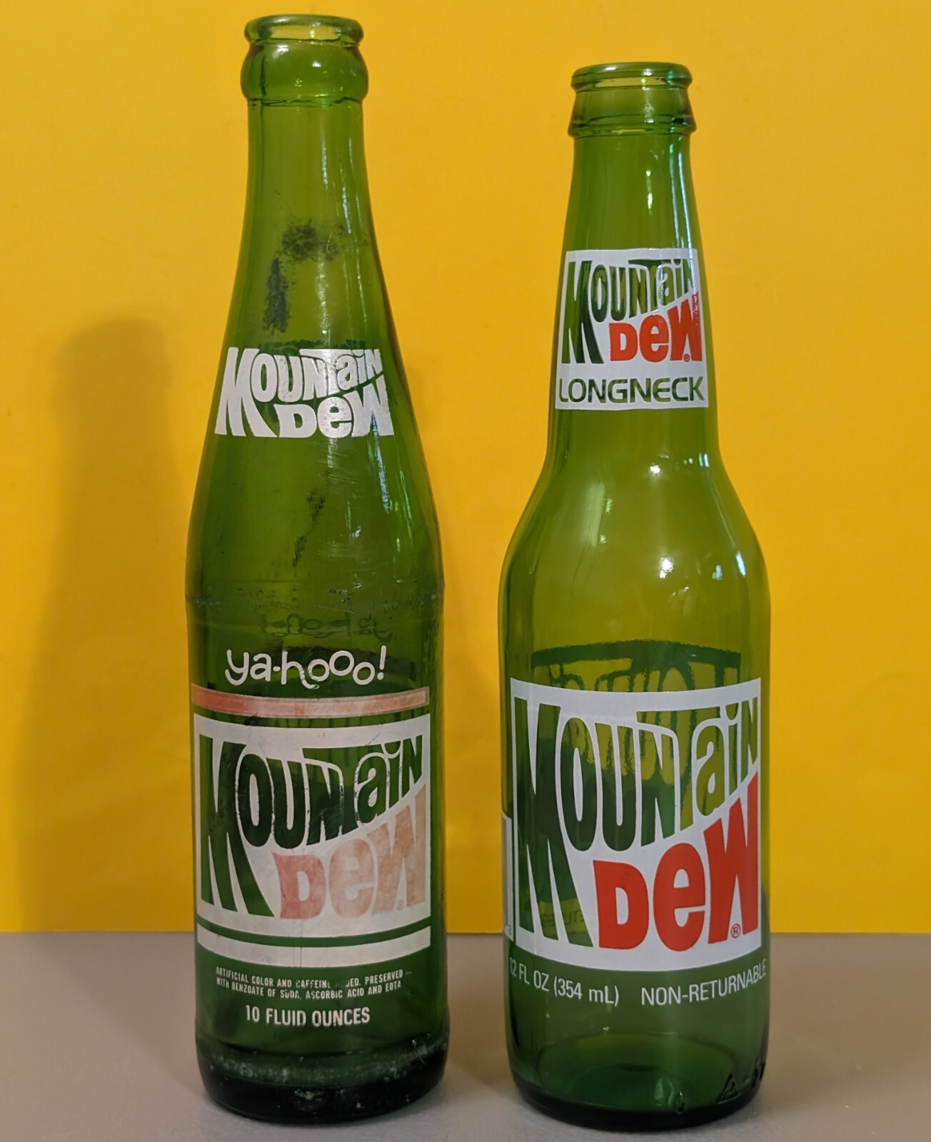 Vintage Mountain Dew Soda Bottles - Lot Of 2 - Green Glass - Longneck - Ya-hooo!