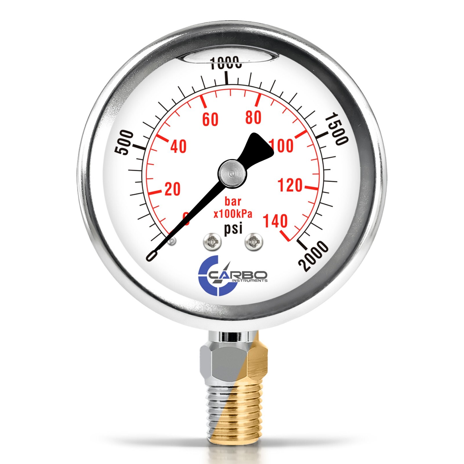 2.5" LIQUID FILLED PRESSURE GAUGE 0- 2000 PSI, STAINLESS STEEL CASE LOWER MOUNT