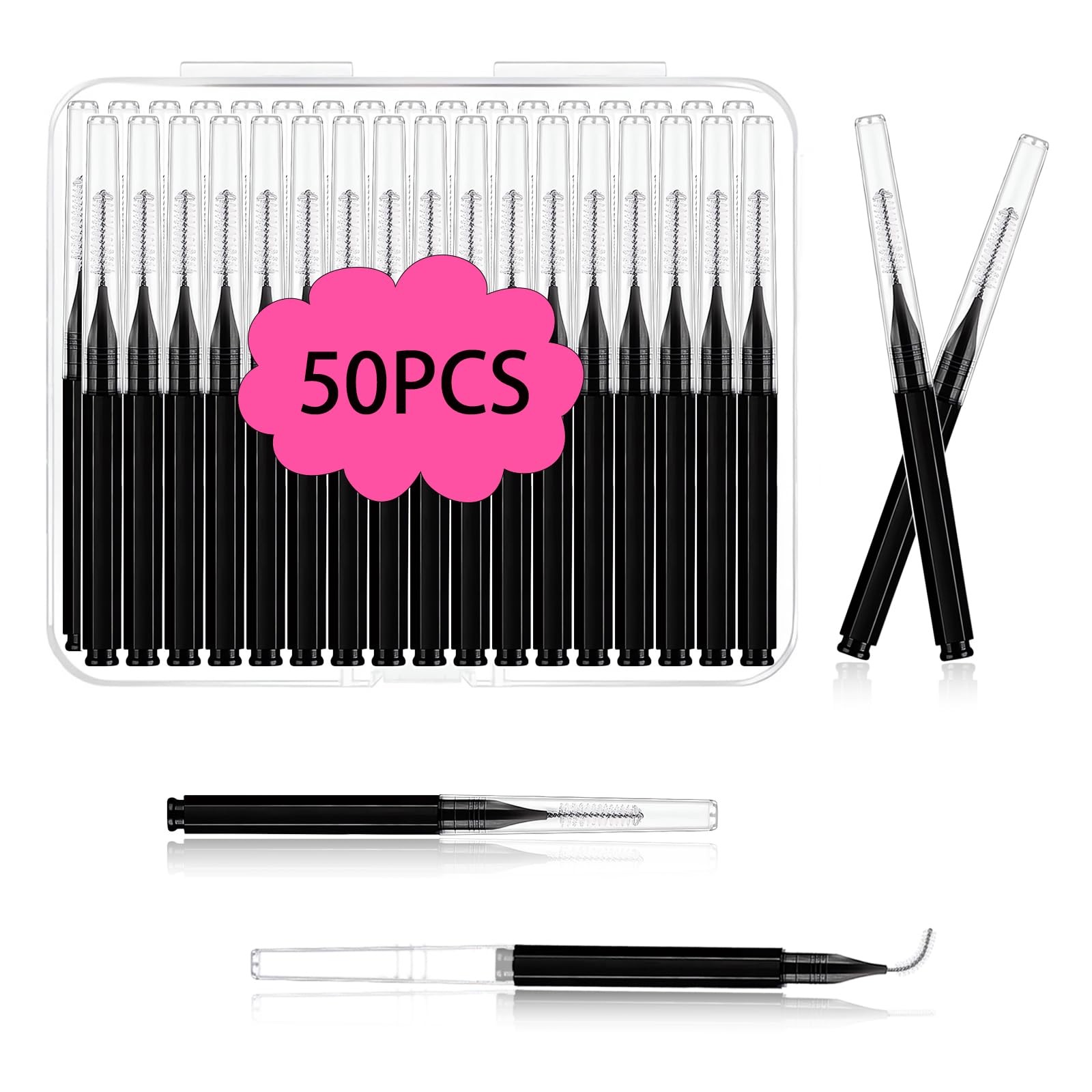 50 PCS Micro Eyebrow Brush Set Cap Eyelash Spoolies Comb Lash Lift Tools