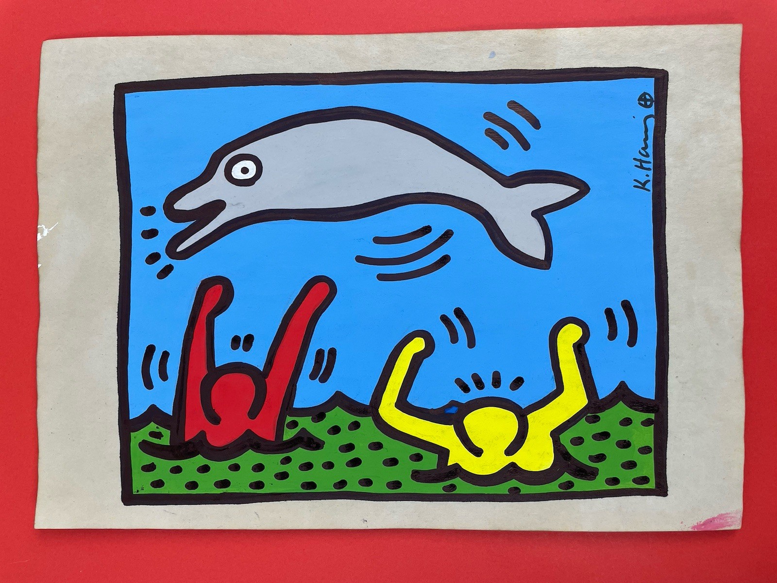 Keith Haring (Handmade) Drawing mixed media on paper signed & stamped