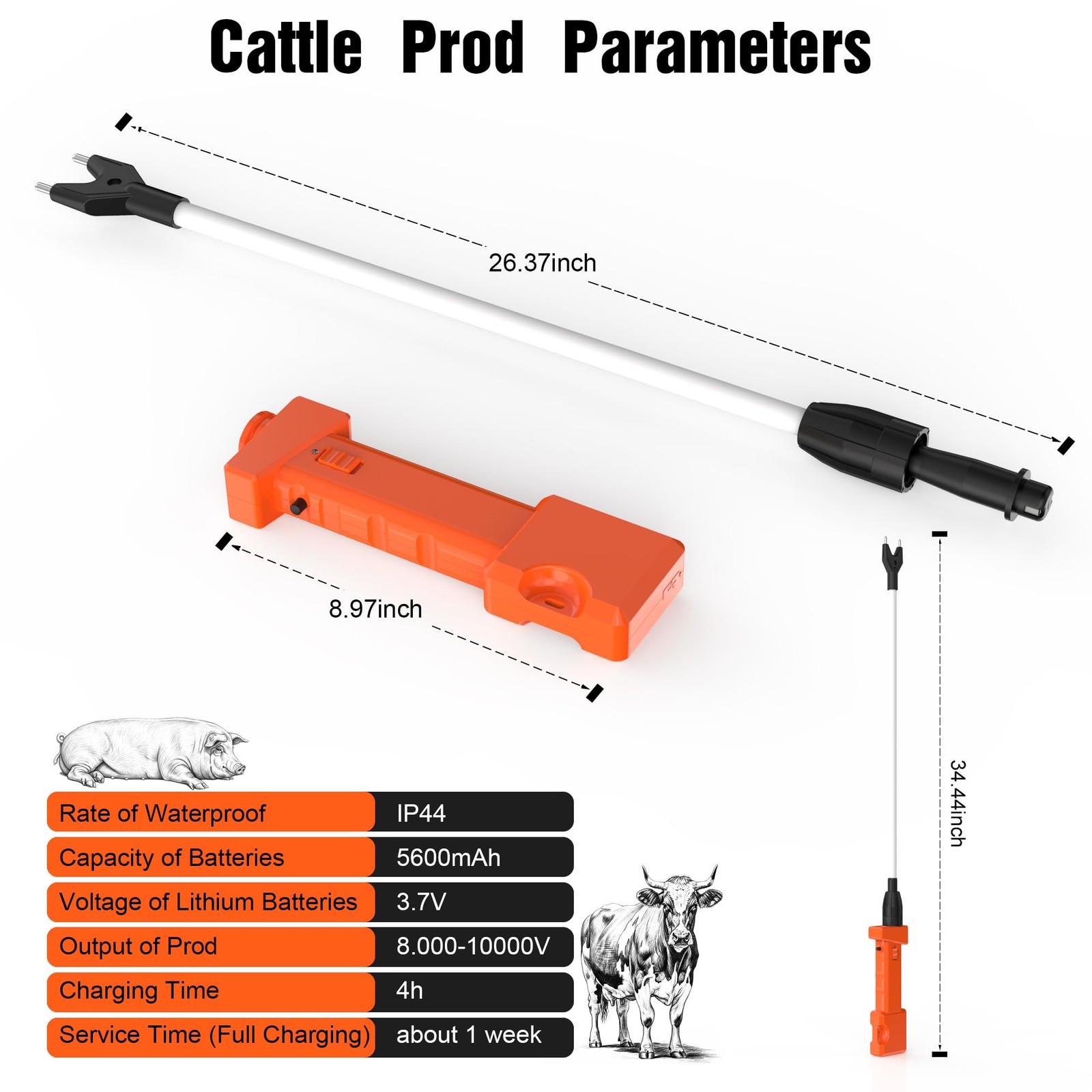 Cattle Prod Rechargeable with Led Light 34 inch, Waterproof Cattle Prod for D...