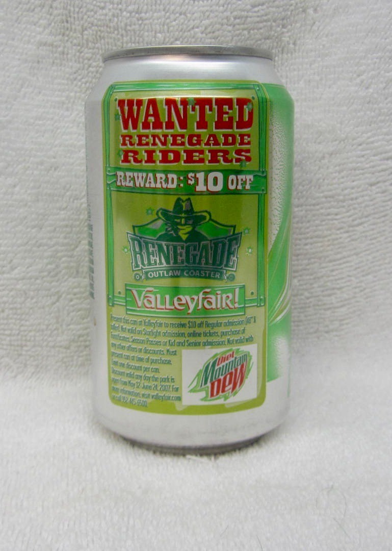 Vtg DIET Mountain Dew WANTED VALLEYFAIR RENEGADE 12 oz EMPTY can 2007 MT DEW