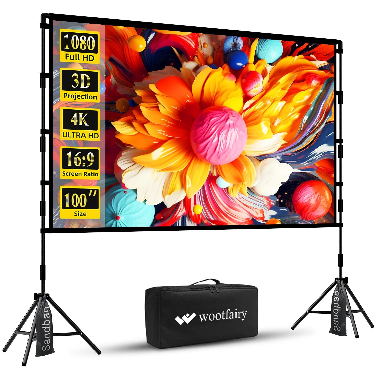 100 inch Projector Screen with Stand, Wootfairy Foldable and Portable