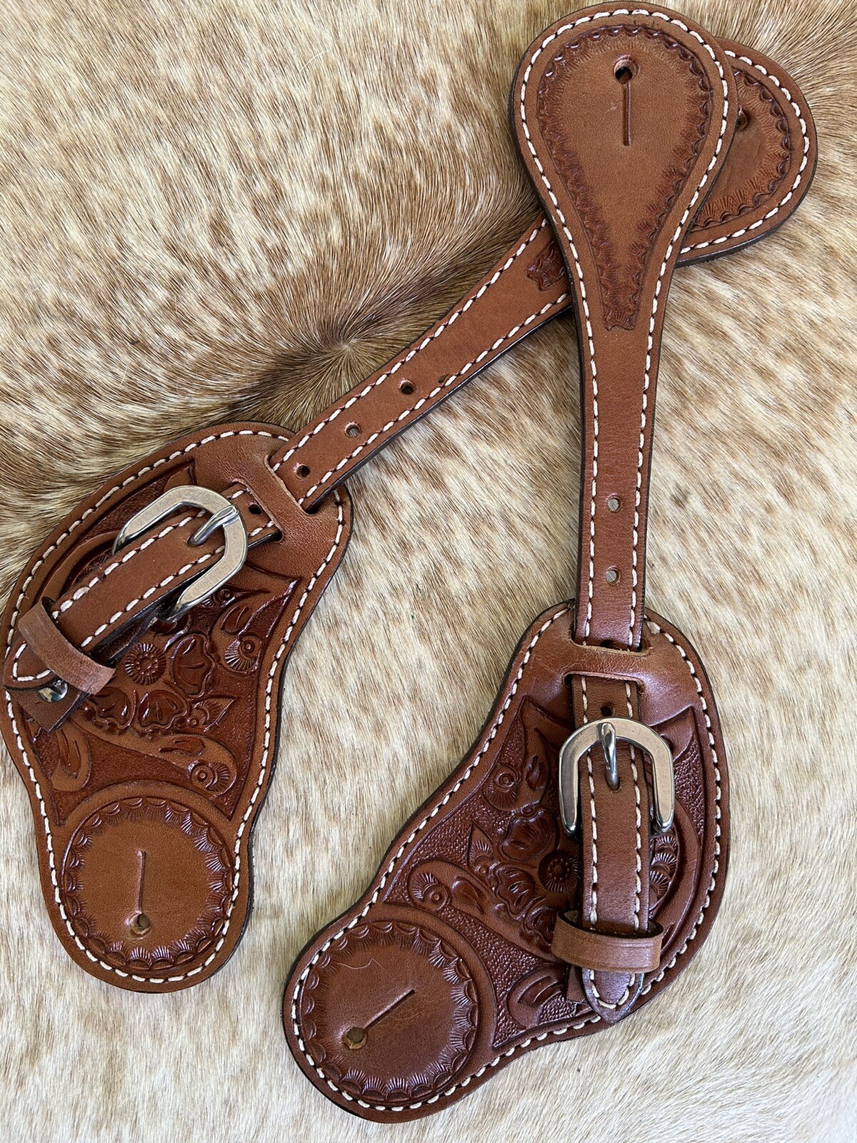 MENS Top Grain Leather Richly Floral Tooled Western Pair Spur Straps
