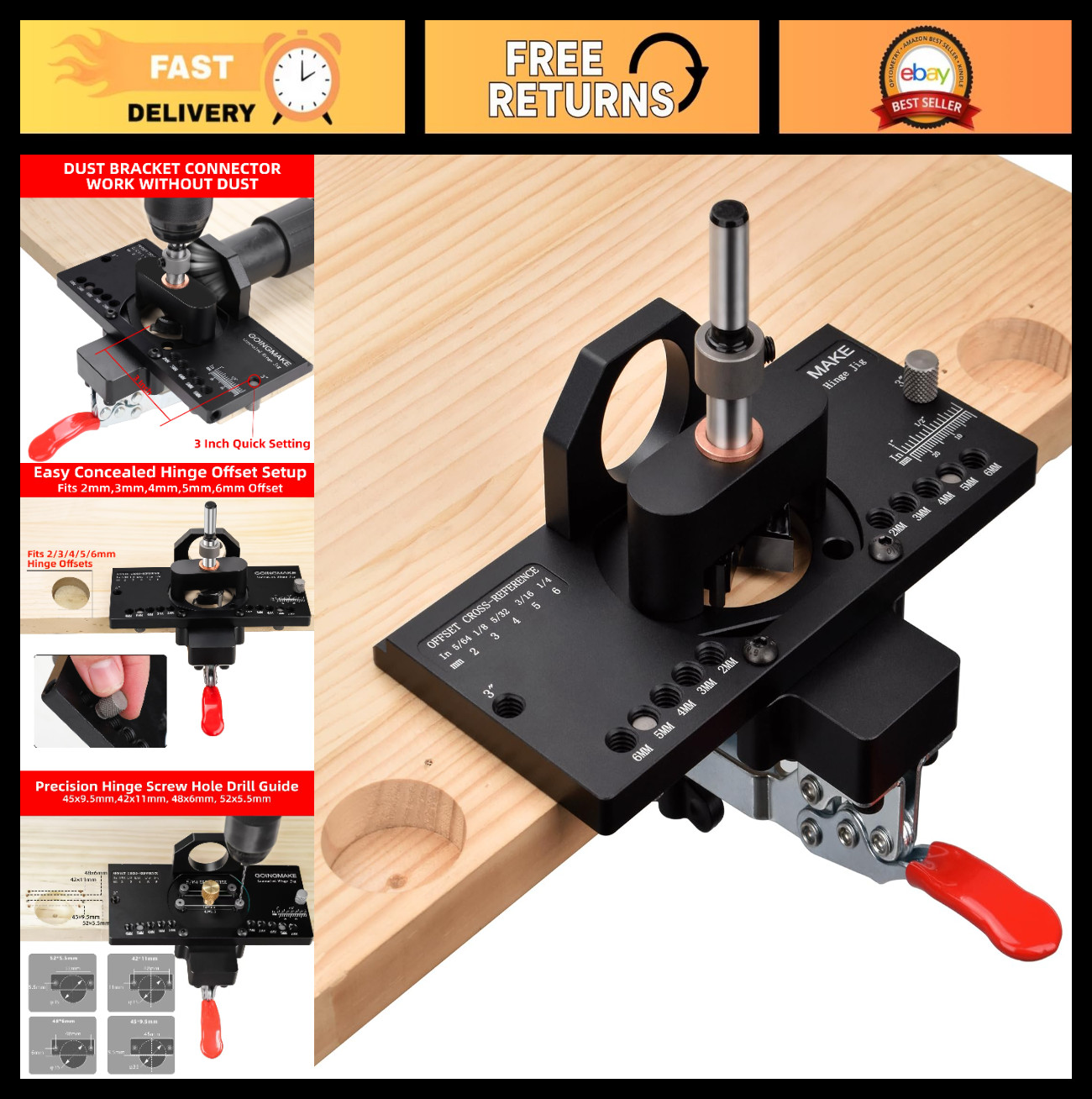 Metal Concealed Hinge Jig with Quick Clamp & Dust Vacuum Adapter - 35mm Drilling