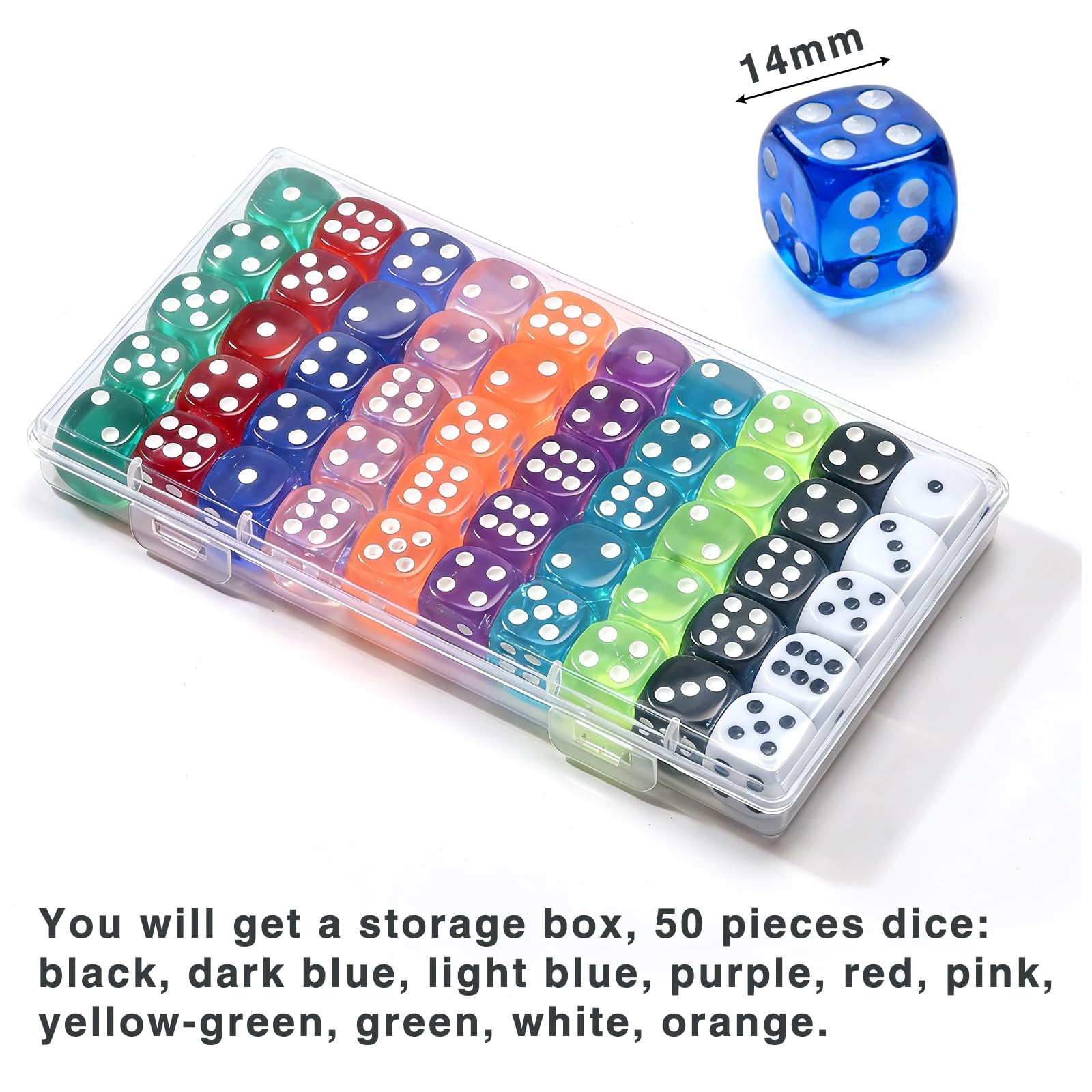 50 Pieces Dice Set, Translucent 6 Sided Colored Dices for Board Games, Math...
