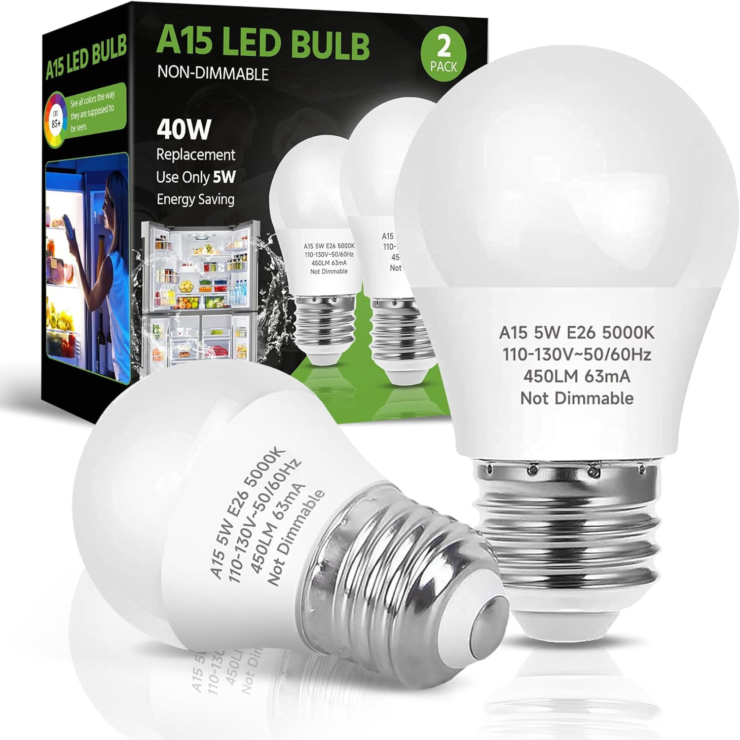 LED Refrigerator Light Bulb, 40W Equivalent LED A15 Bulb, 5W Daylight 5000K E26