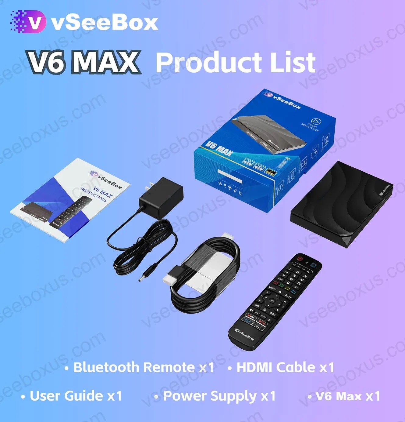 vSeeBox V6 Max Android 14 TV Box with WiFi 6, Backlit Bluetooth Remote, 4GB+64GB