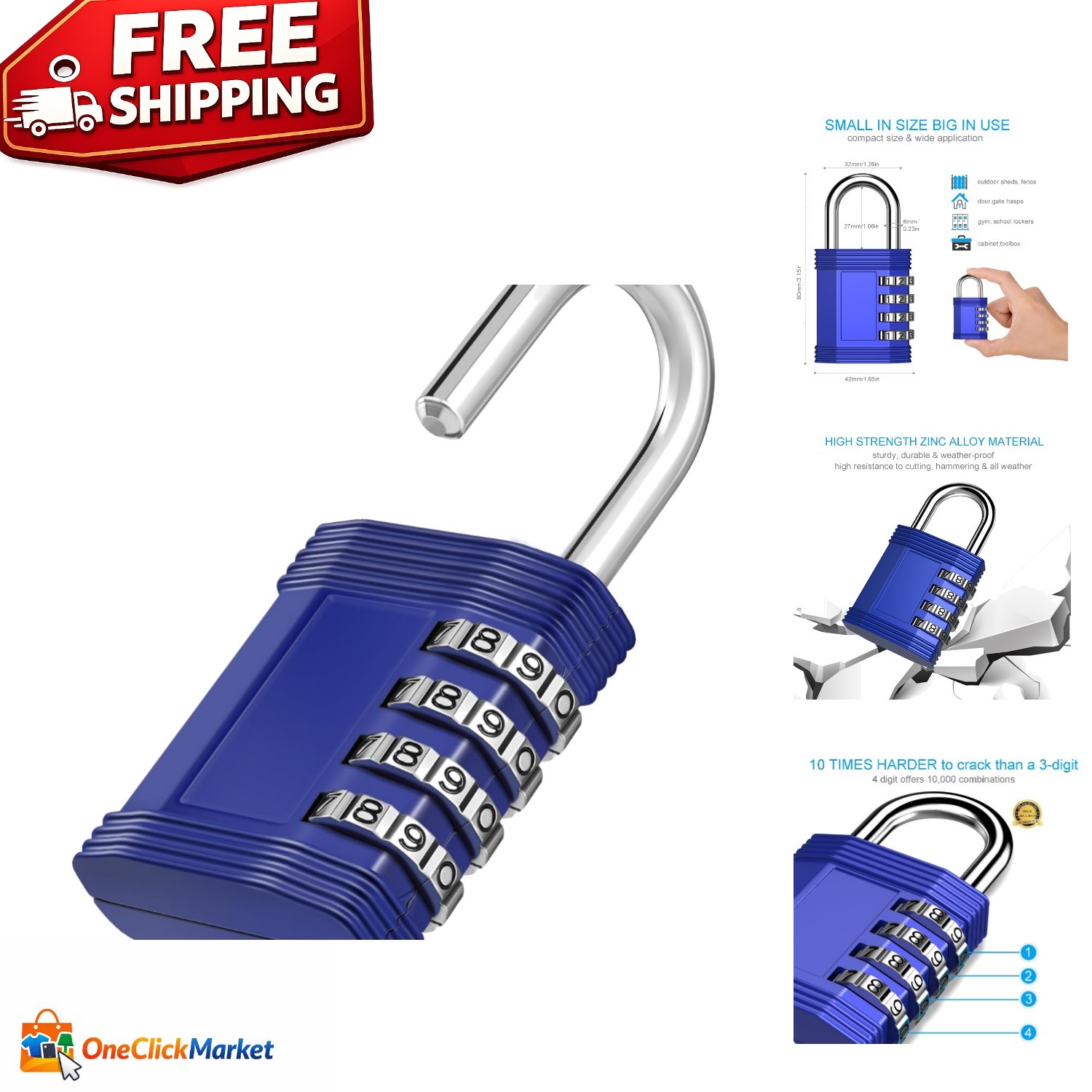 Heavy Duty Waterproof Combination Lock Padlock with 10,000 Combinations - Blue