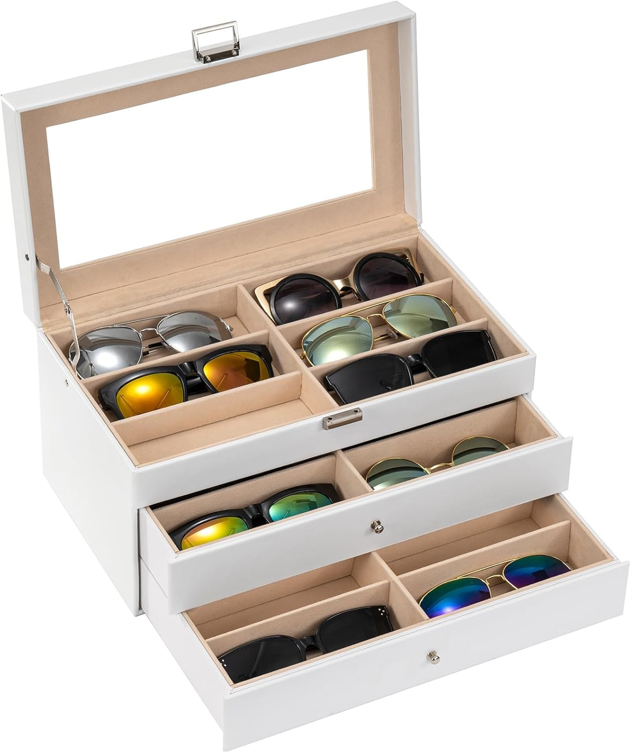3-Layer Sunglasses Storage Organizer,18 Slots Leather Sunglass Box Multiple Pair