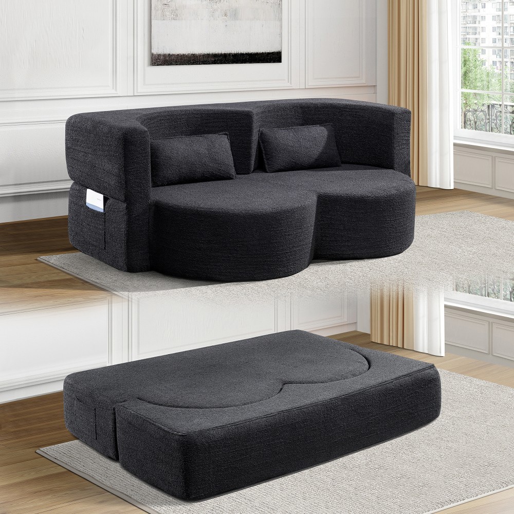 Folding Sofa Bed Floor Sofa Convertible Teddy Bear Fabric Double Sofa for Office