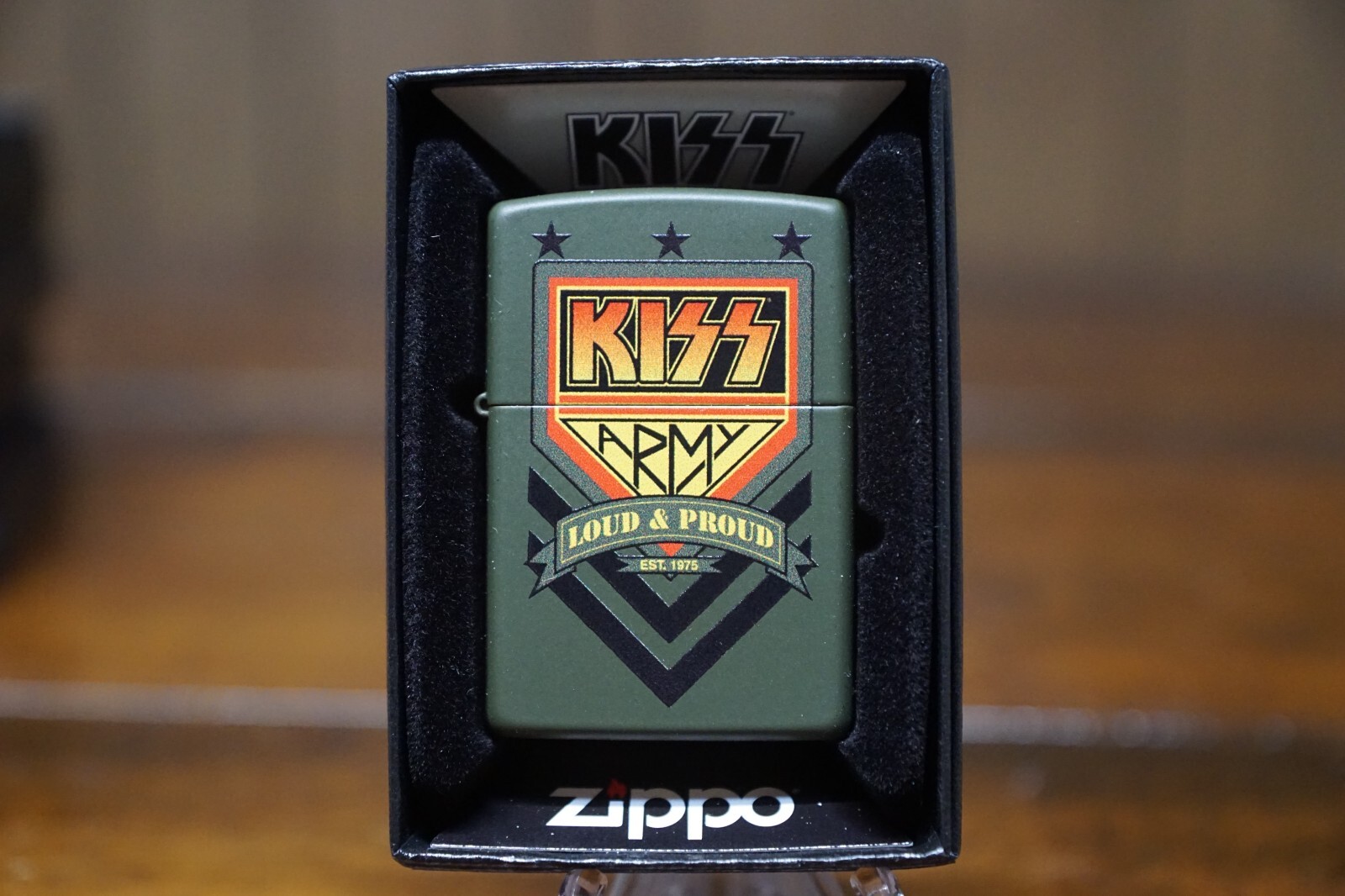 KISS ARMY LOUD AND PROUD ESTABLISHED 1975 GREEN MATTE ZIPPO LIGHTER MINT IN BOX