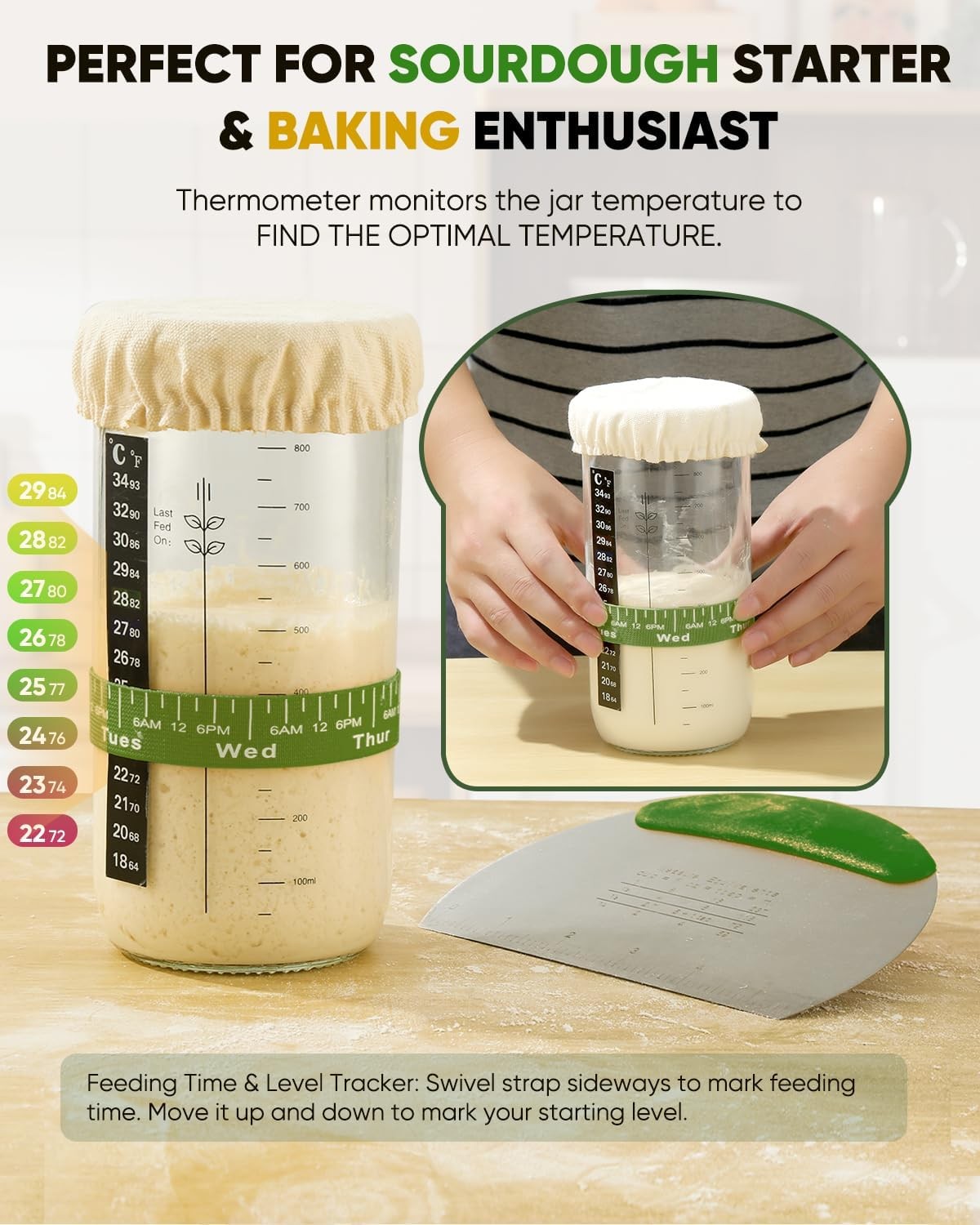 Sourdough Starter Kit 34oz with 2 Bread Proofing Baskets - Green