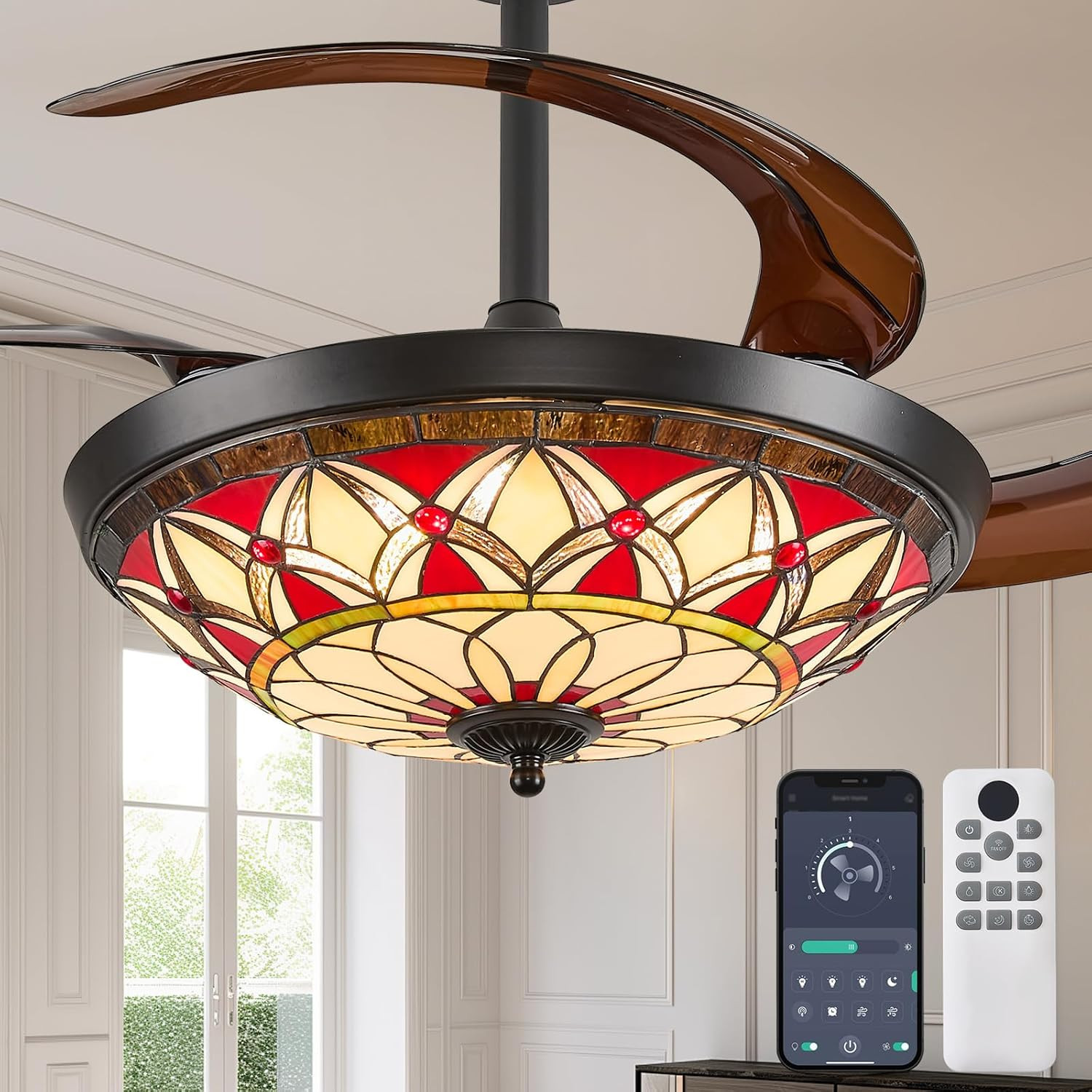 Ceiling Fan with Light - 48" Retractable Ceiling Fan with Remote, 4 Hidden Blade